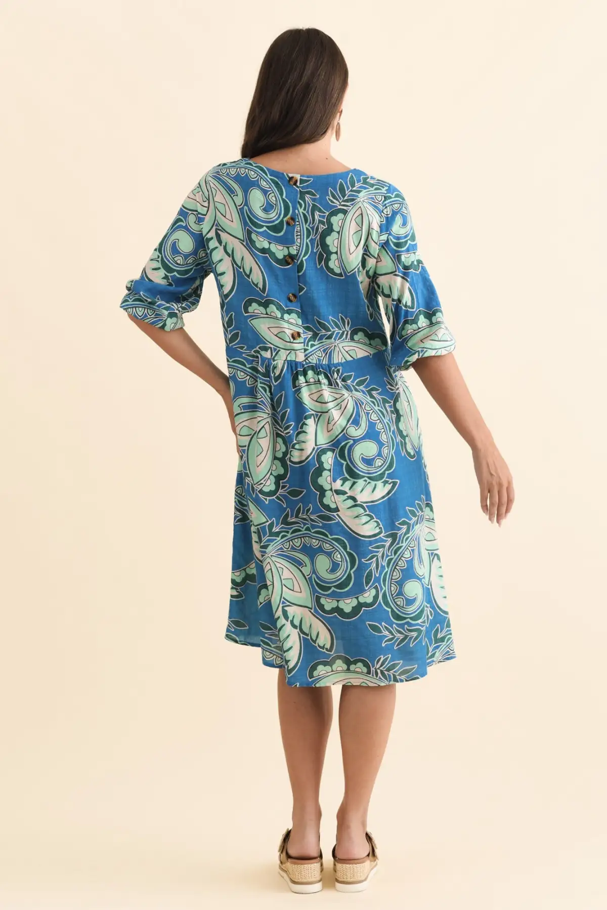 Knee-Length Paisley Cotton Blend Gathered Pocket Round-Neck Half-Sleeve Dress
