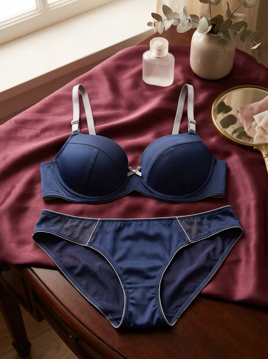 Women's Satin Bow Contrast Trim Lingerie Set