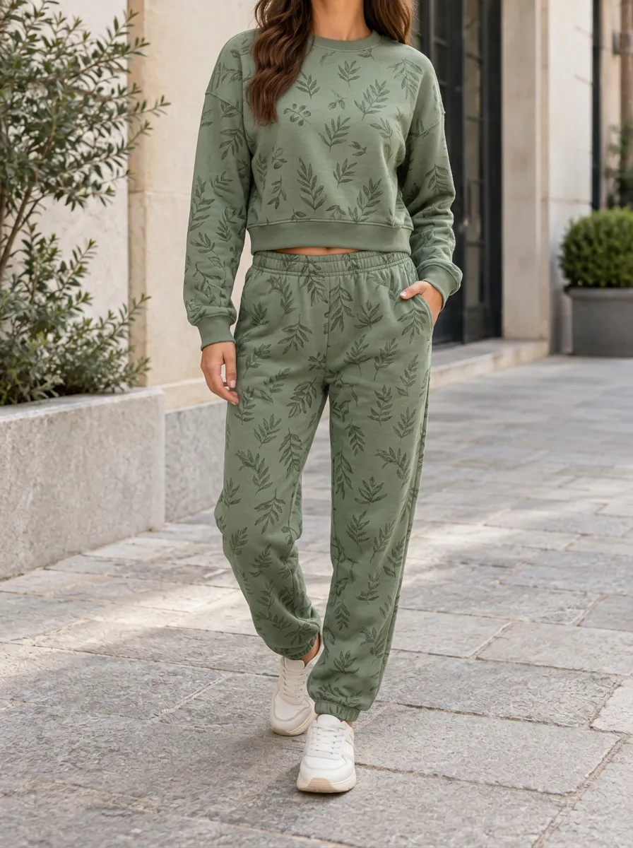 Women's Sage Green Botanical Leaf Printed Two-Piece Set