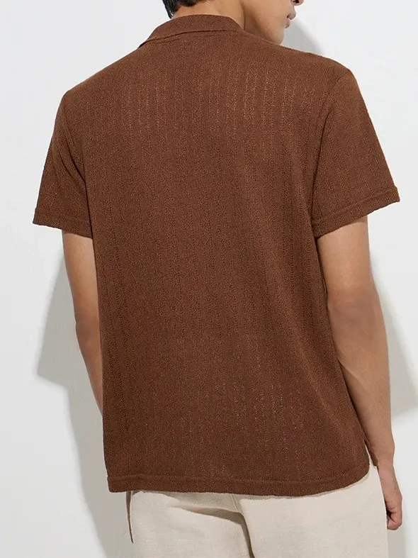 Brown Knitted Loose Polo T-Shirt