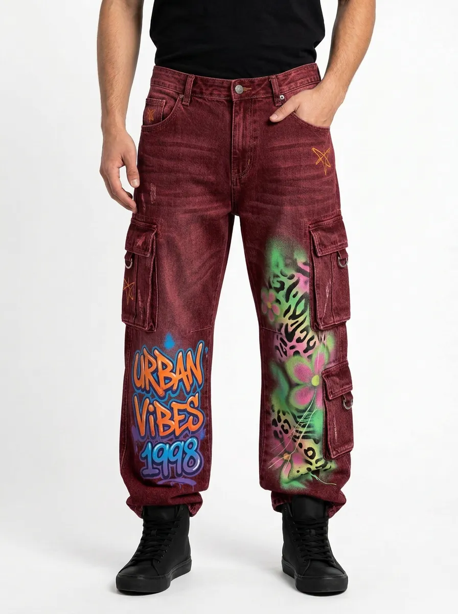 Men's Urban Vibes Graffiti Leopard Graphic Cargo Jeans