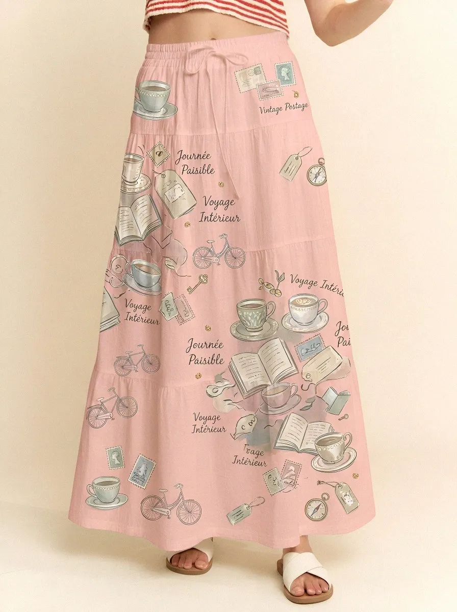 Women's Vintage Travel Coffee Book Printed Maxi Skirt