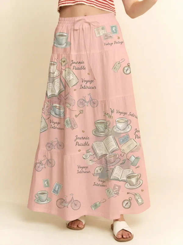 Women's Vintage Travel Coffee Book Printed Maxi Skirt