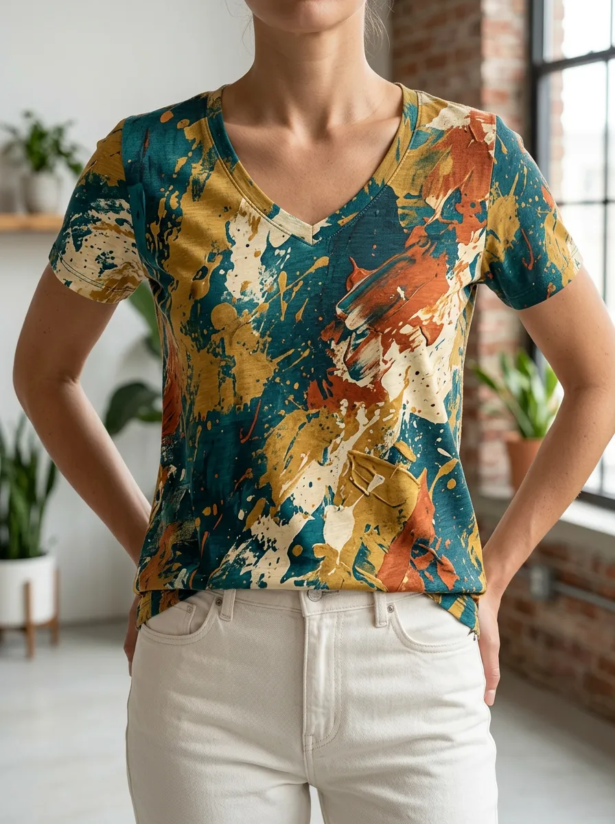 Women's Dynamic Abstract Paint Splatter V-Neck T-Shirt