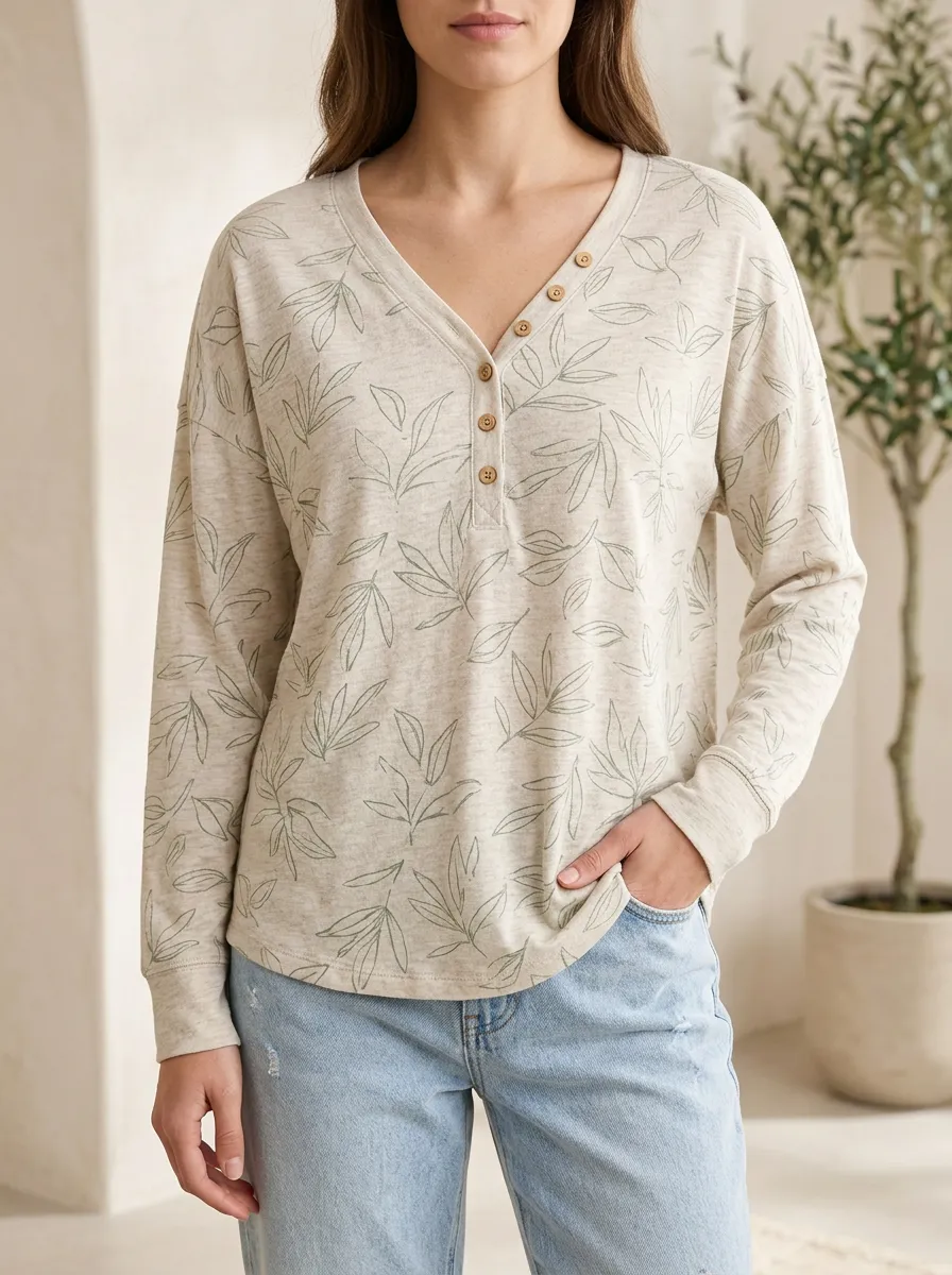 Women's Relaxed Botanical Leaf Pattern Printed Button V-Neck T-Shirt