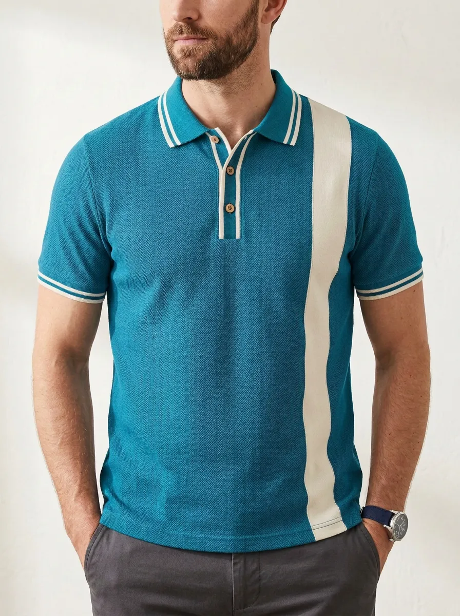 Men's Vintage Herringbone Stripe Pattern Printed Polo Shirt
