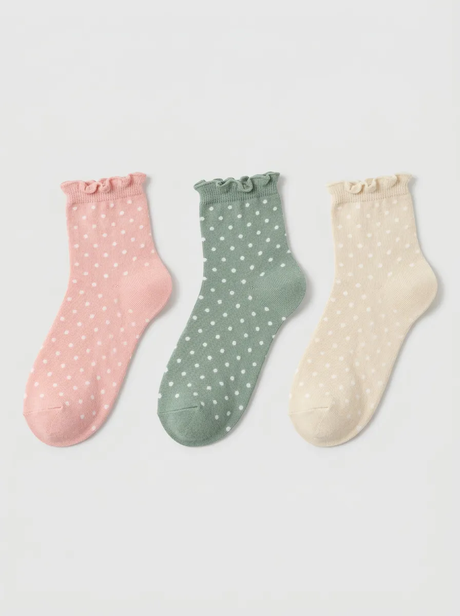 Women's Pastel Polka Dot Ruffle Trim Printed Socks 3-Pack