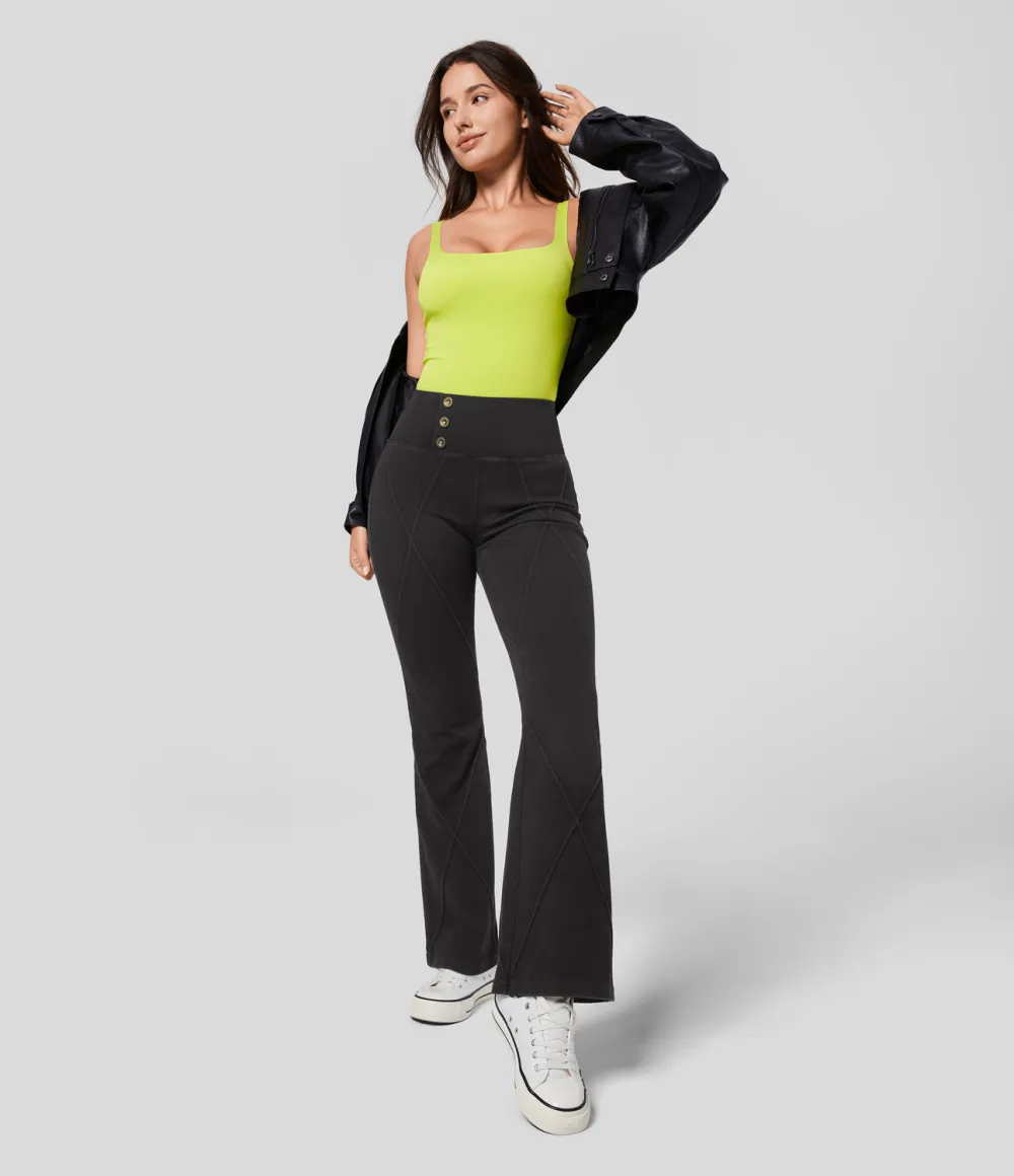 Magic High Waisted Button Top-stitching Washed Stretchy Knit Casual Flare Jeans