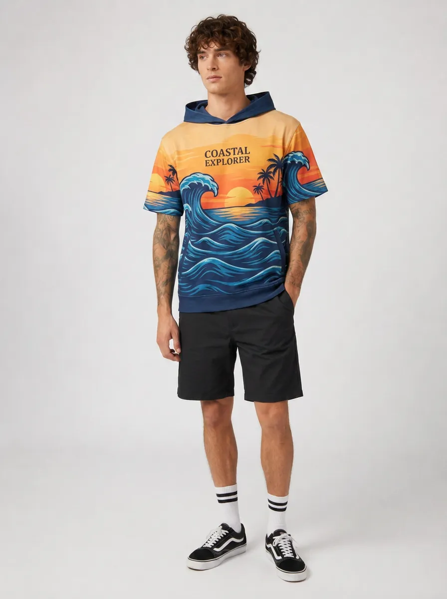 Men's Coastal Explorer Sunset Ocean Wave Printed Hoodie T-shirt