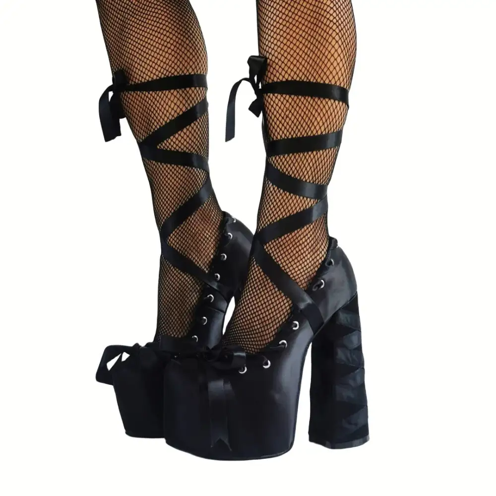 Bow Accent Pointed Toe Platform Chunky Heel Lace Up Pumps