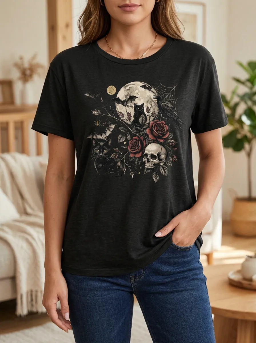 Women's Halloween Gothic Moon Cat Skull Rose Printed T-shirt