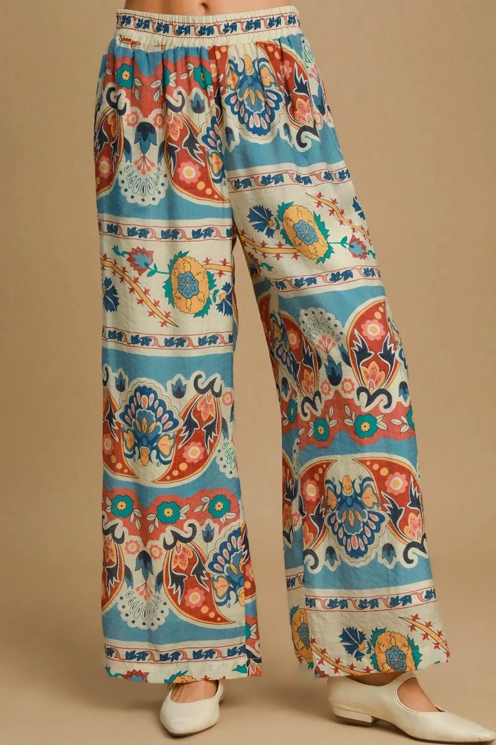 Wide Leg Border Print Plus Pants