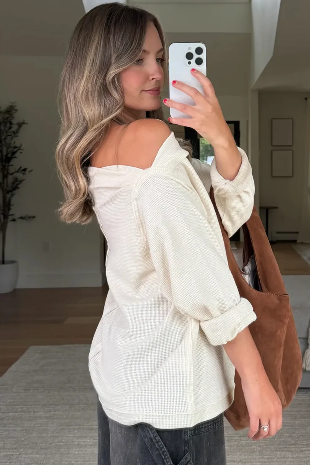 Beige Waffle Knit Asymmetric Neck Top