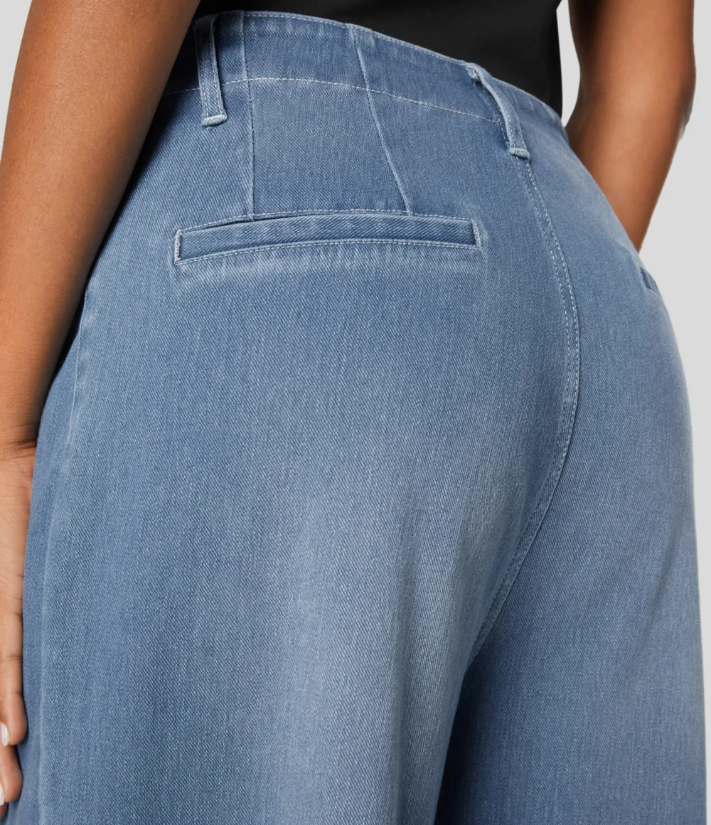 Magic High Waisted Front Pockets Washed Stretchy Knit Casual Wide Leg Jeans