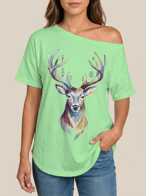 Women's Wildlife Nature-Inspired Tribal Deer Printed T-Shirt