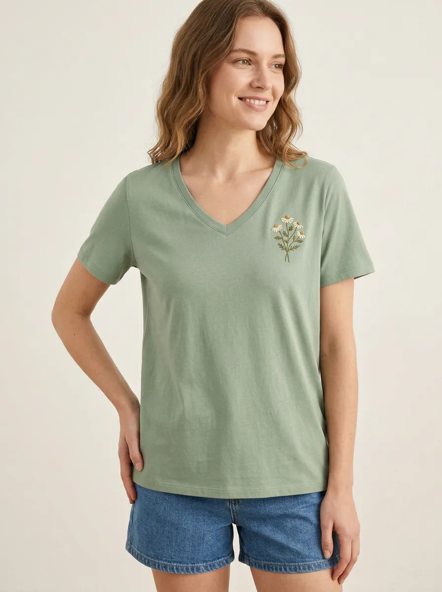 Women's Regular-Fit Floral-Embroidered V-Neck T-Shirt