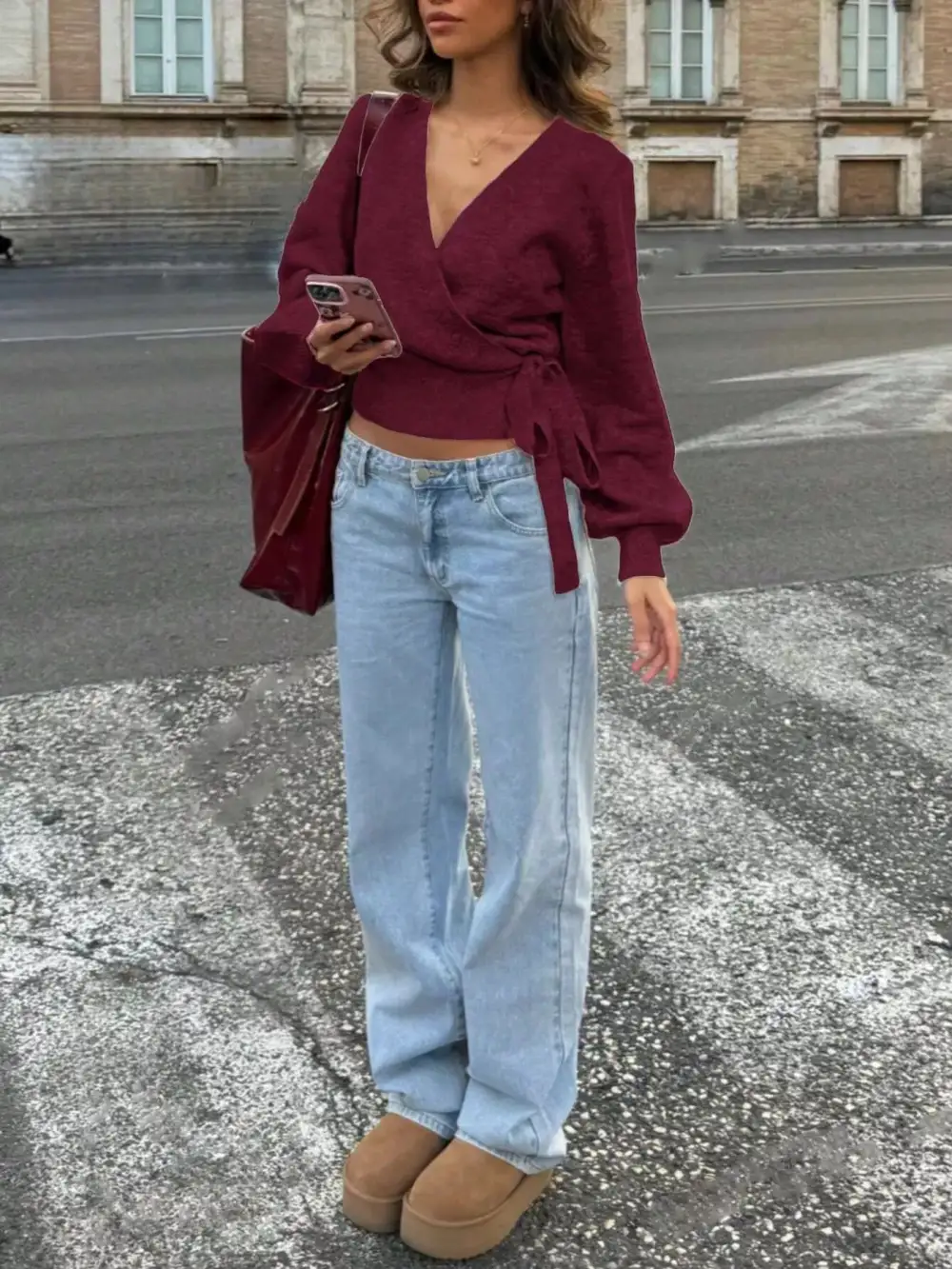 Tie Waist Surplice Sweater