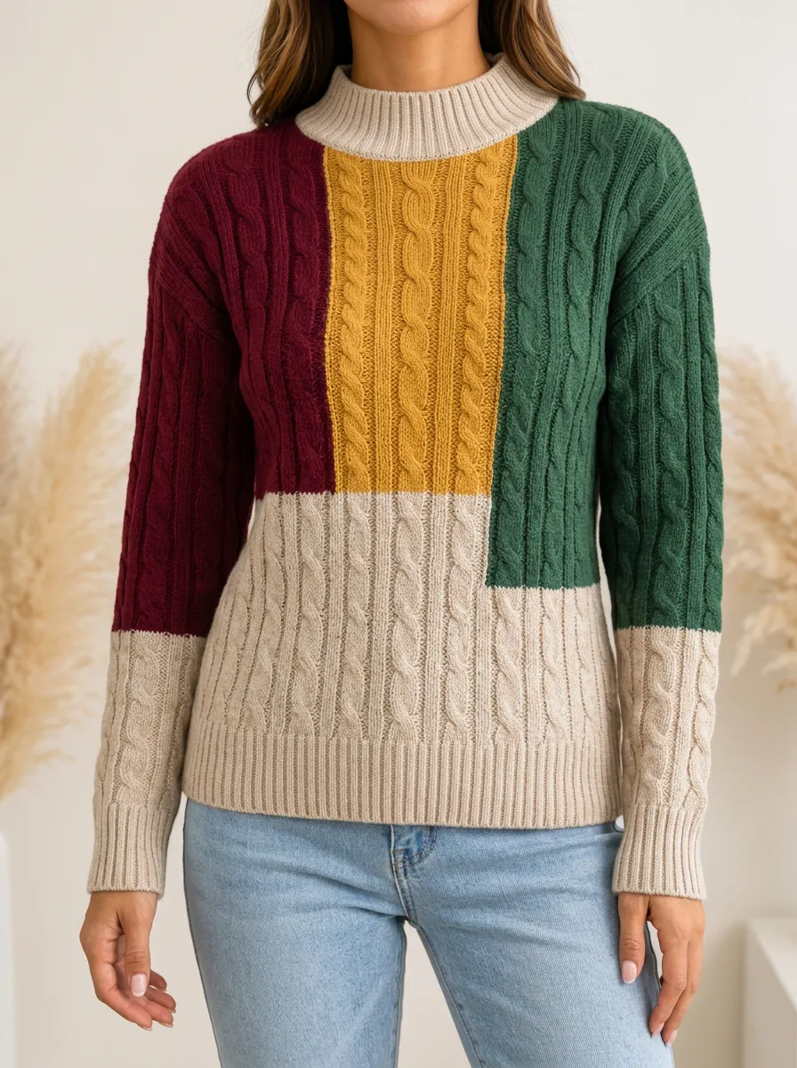 Contemporary Colorblock Mock Neck Sweater in Cable Knit Texture