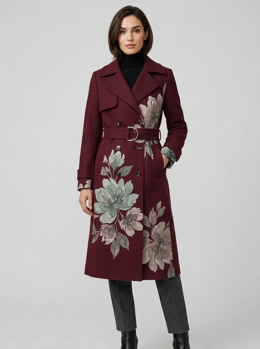 Women's Floral Art Navy Blue Printed Trench Coat