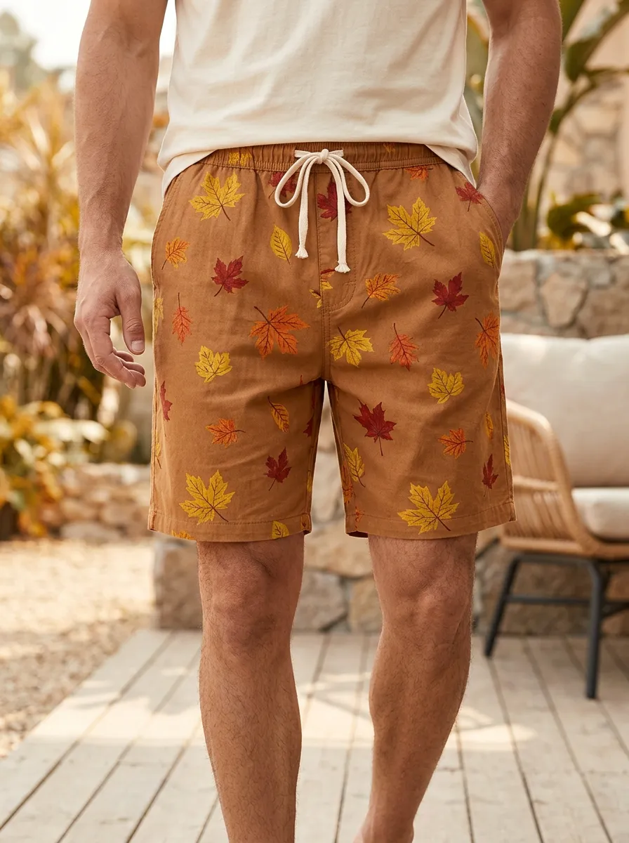 Tan Maple Leaf Print Elastic Waist Shorts