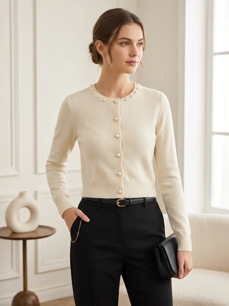 Women's Elegant Pearl Beaded Button Up Knit Cardigan Top