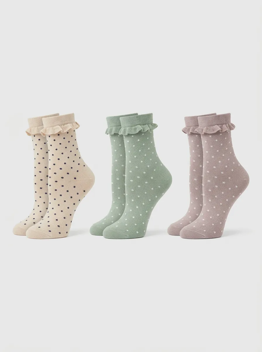 Women's Polka Dot Ruffle Trim Printed Socks 3-Pack