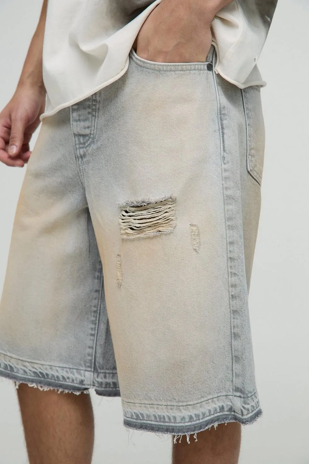 Ice Grey Medium Stretch Washed Ripped Denim Jorts Daily