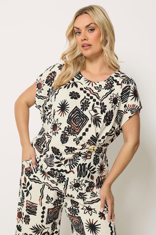 Natural Brown Summer Print Crinkle Grown On Sleeve Top detail 1