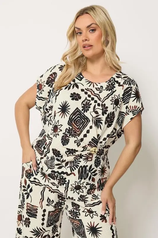 Natural Brown Summer Print Crinkle Grown On Sleeve Top