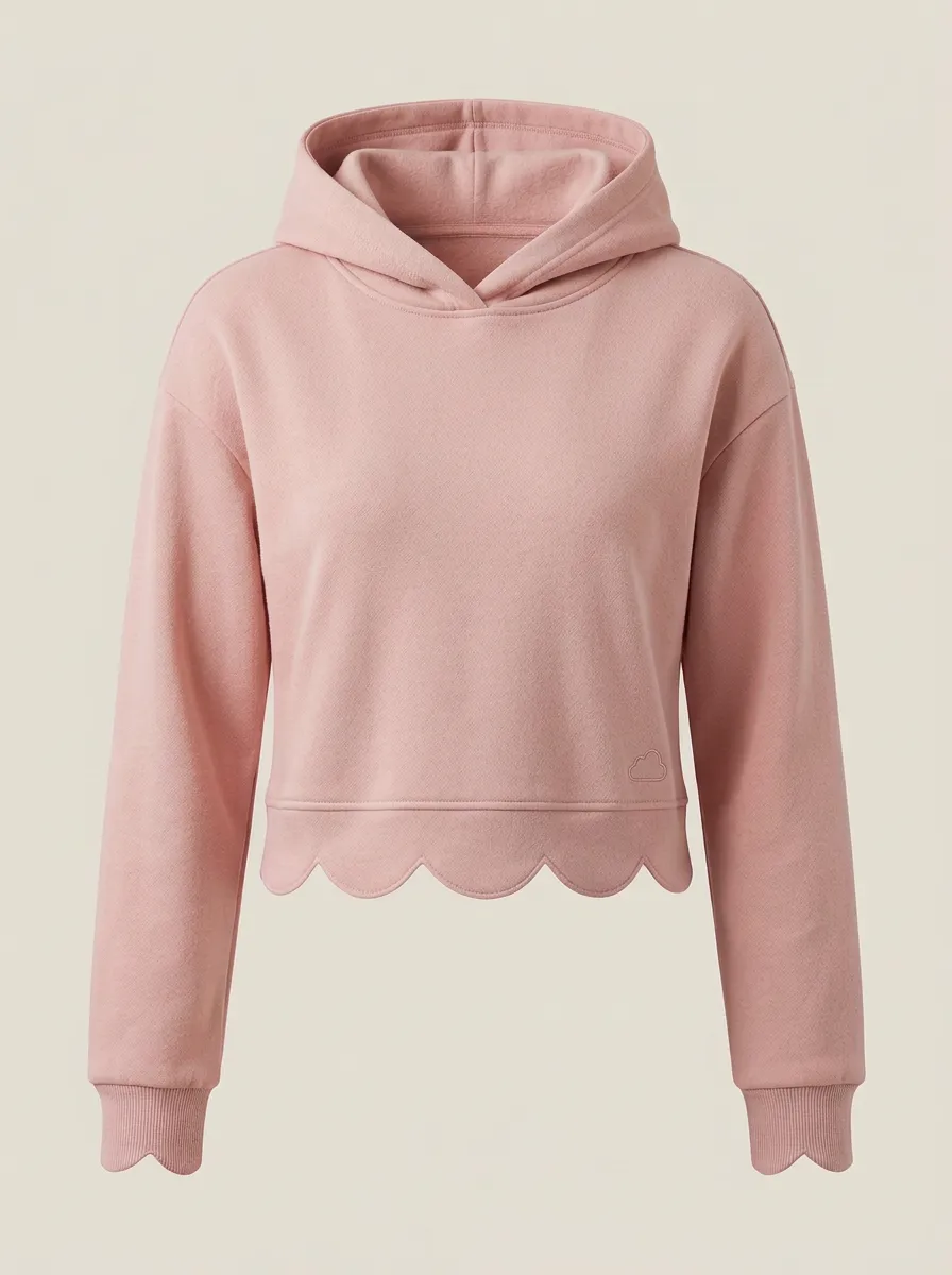 Women's Minimalist Solid Blue Scalloped Hem Cloud Embroidered Hoodie