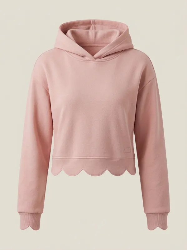 Women's Minimalist Solid Blue Scalloped Hem Cloud Embroidered Hoodie