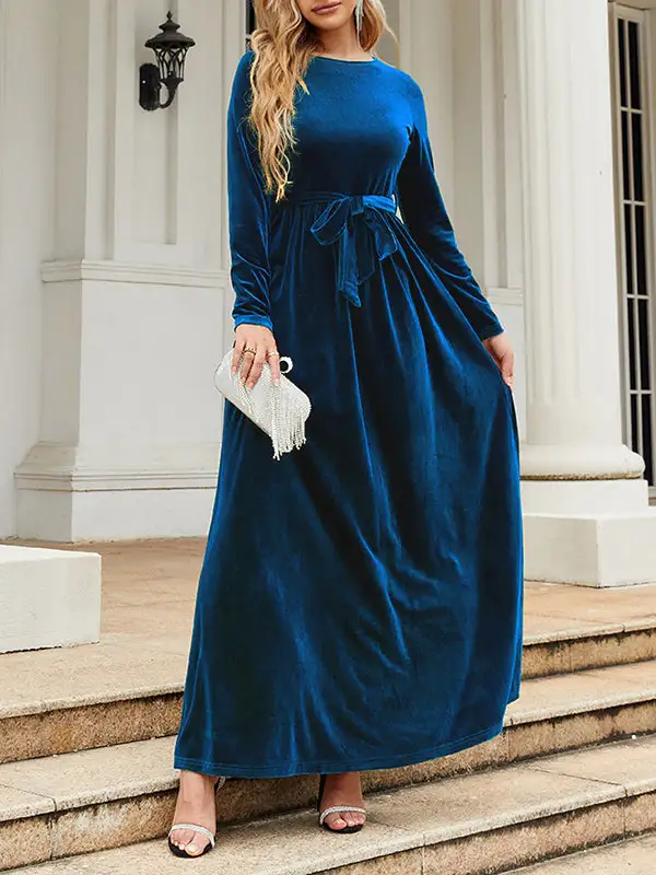 Pleated Wrap Belted Long Neck Maxi Dress