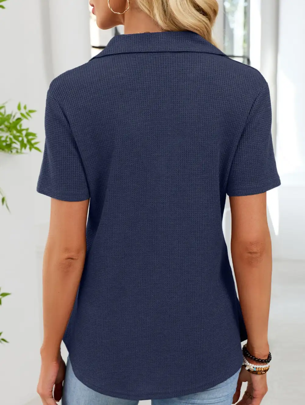 Lapel Waffle Knit Short Sleeve Top