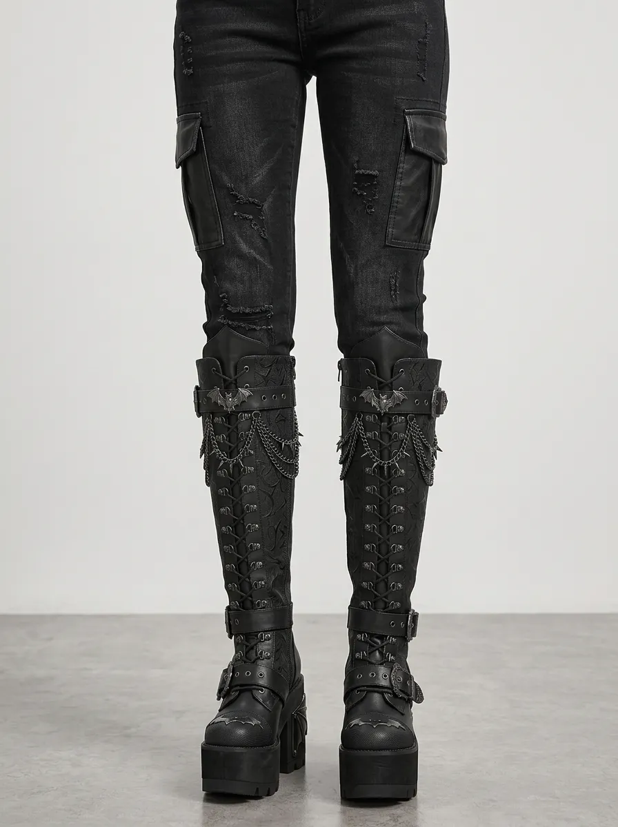 Gothic Revival Bat Chain Studded Detail Women's Gothic Platform Boots
