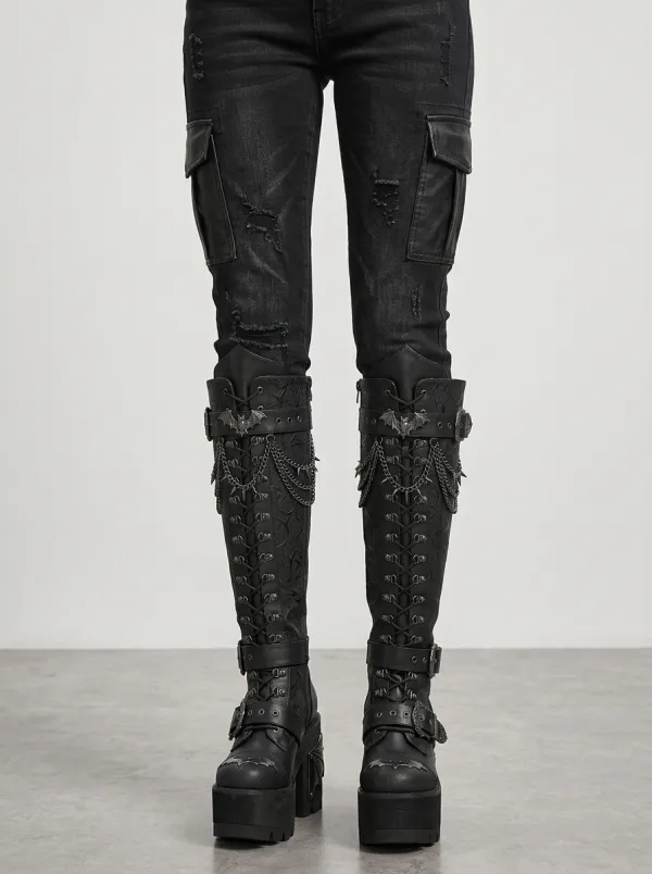 Gothic Revival Bat Chain Studded Detail Women's Gothic Platform Boots