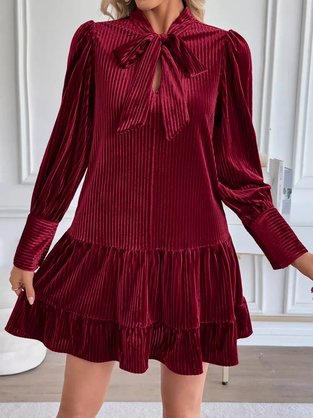 Gathered Detail Velvet Tiered Mini Dress