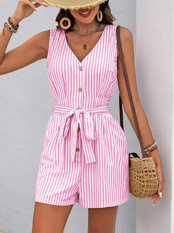 V Neck Sleeveless Striped Jumpsuit