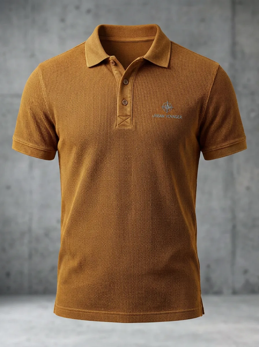Waffle-Knit Compass-Detail -Detail Men's Polo Shirt
