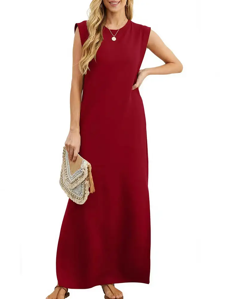 Casual Sleeveless Split Maxi Dress With Pockets