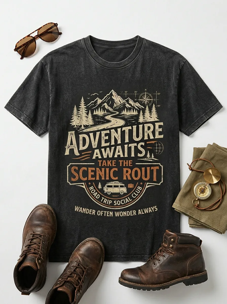 Unisex Adventure Road Trip Mountain Van Printed T-shirt