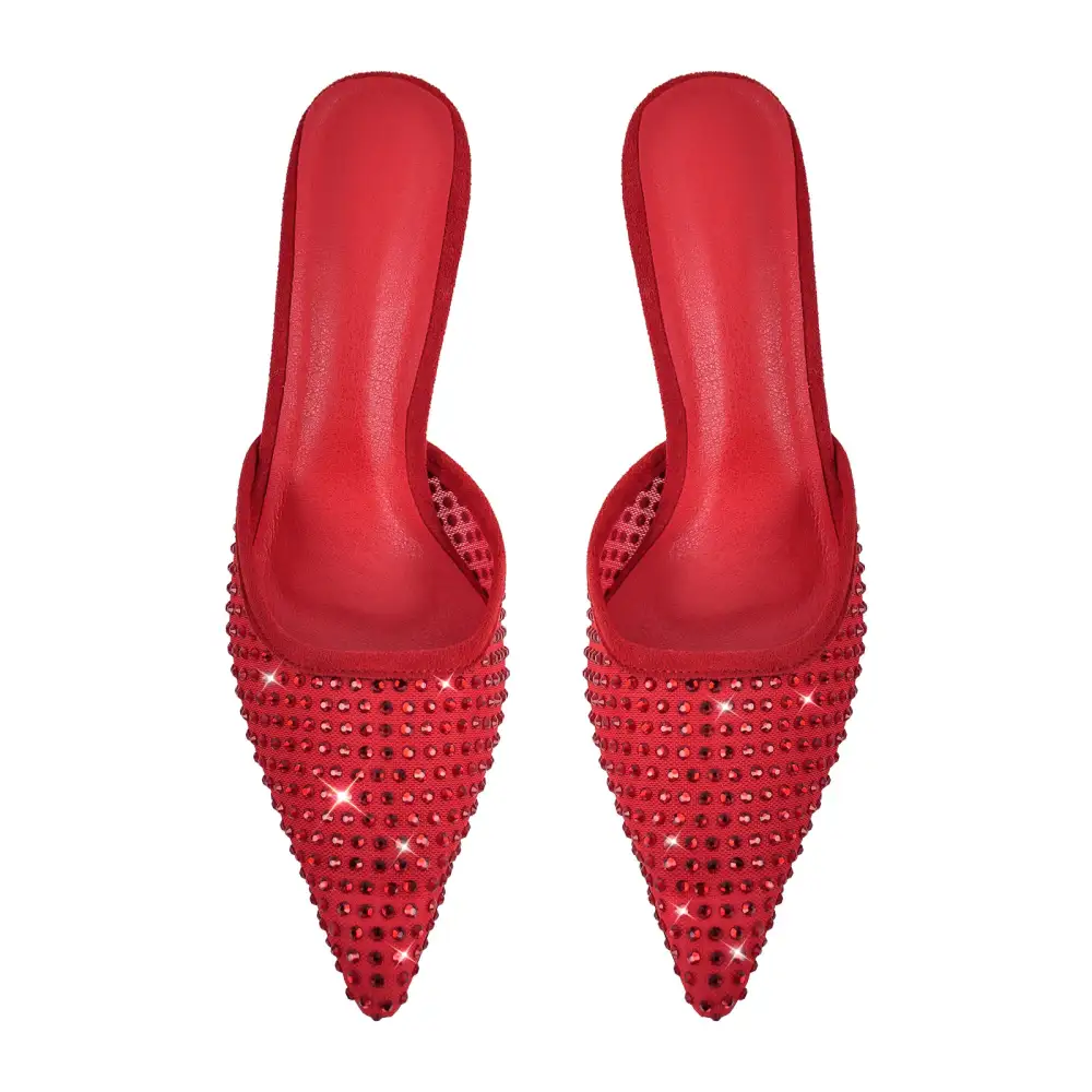 Rhinestone Pointed Toe Stiletto Slip On Heeled Mules