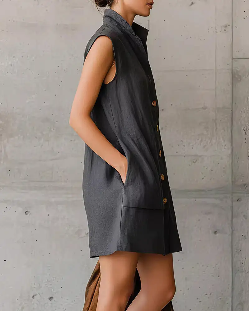 Sleeveless Stand Collar Button-Down Shirt Dress With Pockets