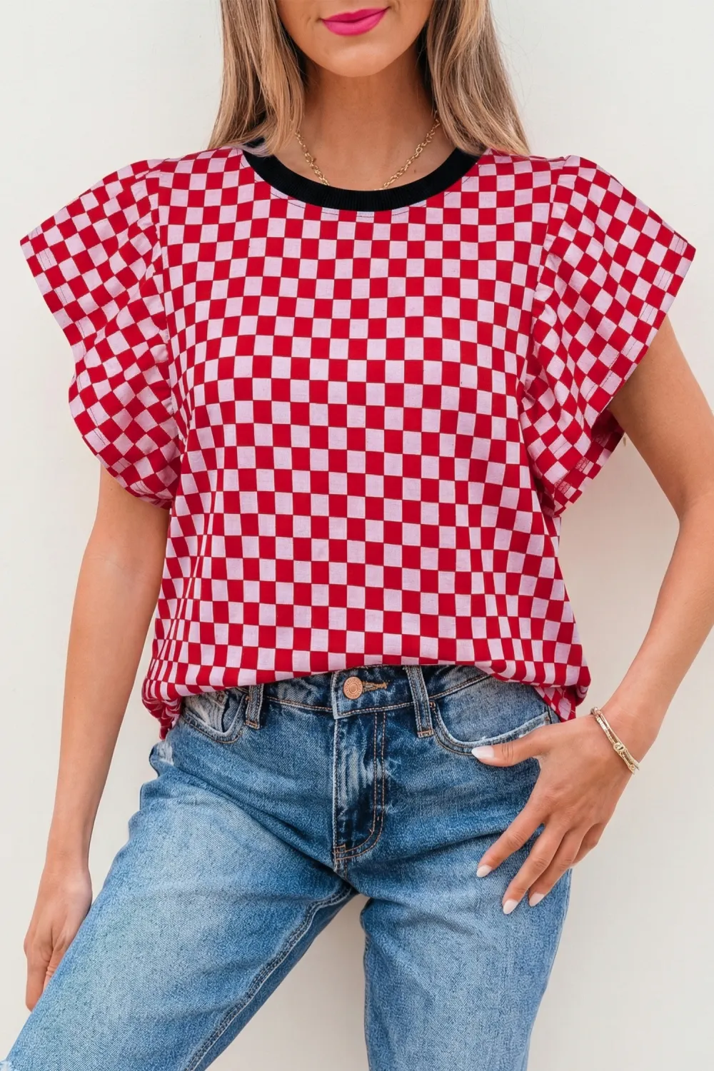 Red Checkered Print Ruffle Short Sleeve Top