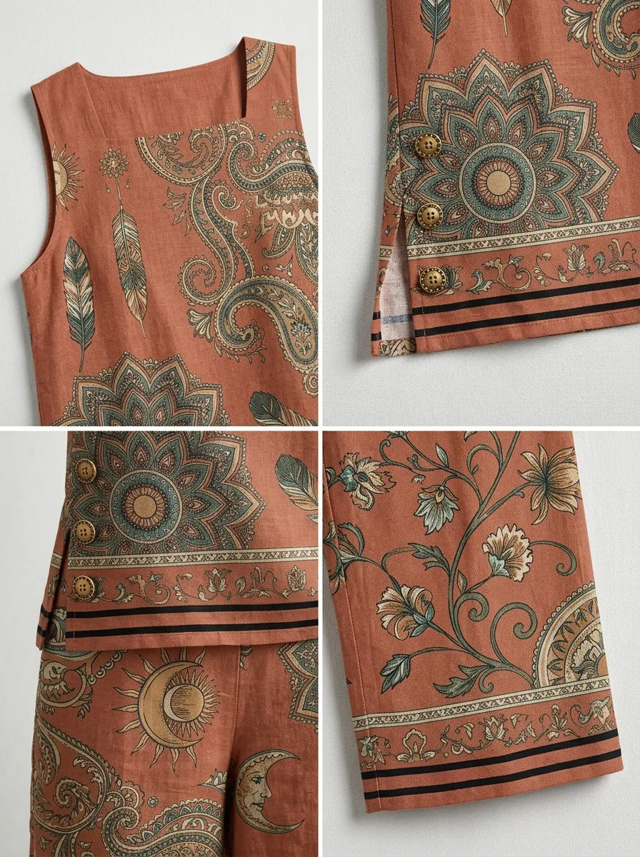 Women's Boho Paisley Floral Moon Printed Sleeveless Set