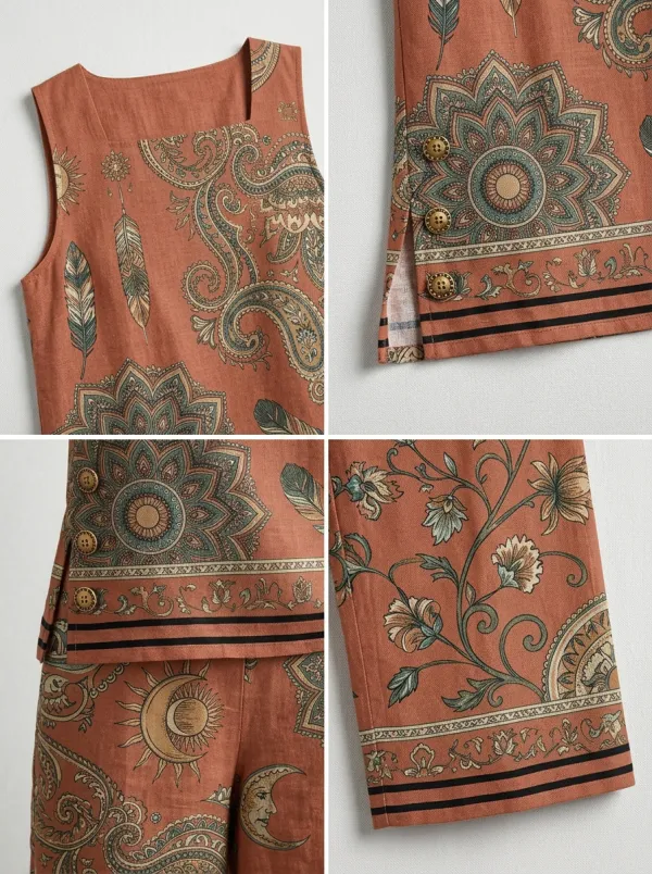 Women's Boho Paisley Floral Moon Printed Sleeveless Set