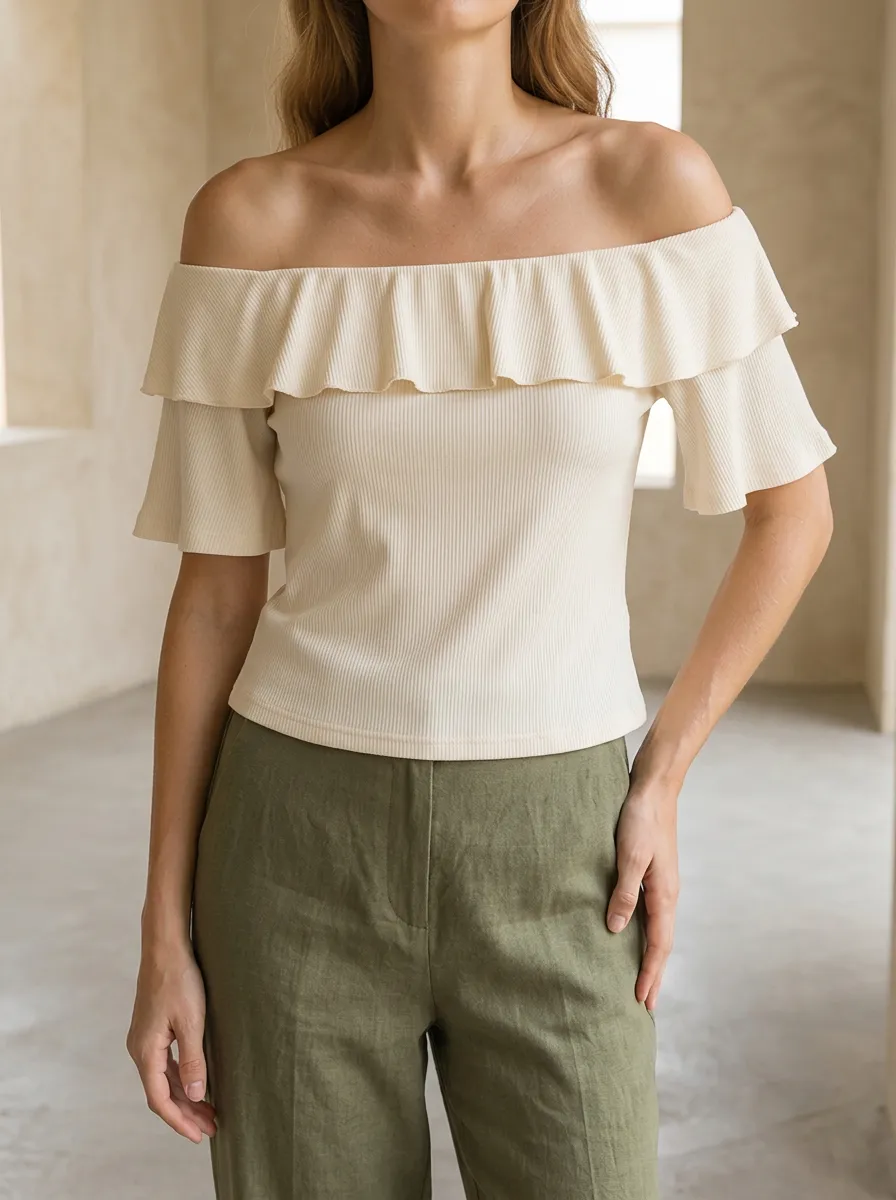Women's Off-Shoulder Ruffle Trim Ribbed Knit Top
