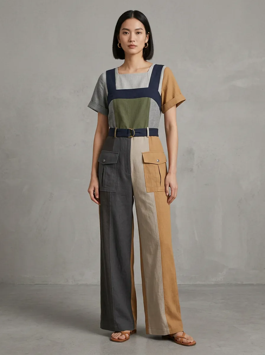 Women's Casual Style Colorblock Patchwork Belted Jumpsuit