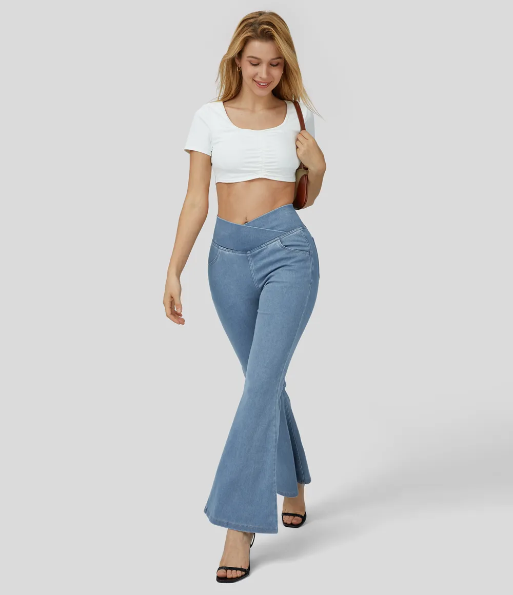 Magic High Waisted Crossover Pocket Washed Stretchy Knit Casual Super Flare Jeans