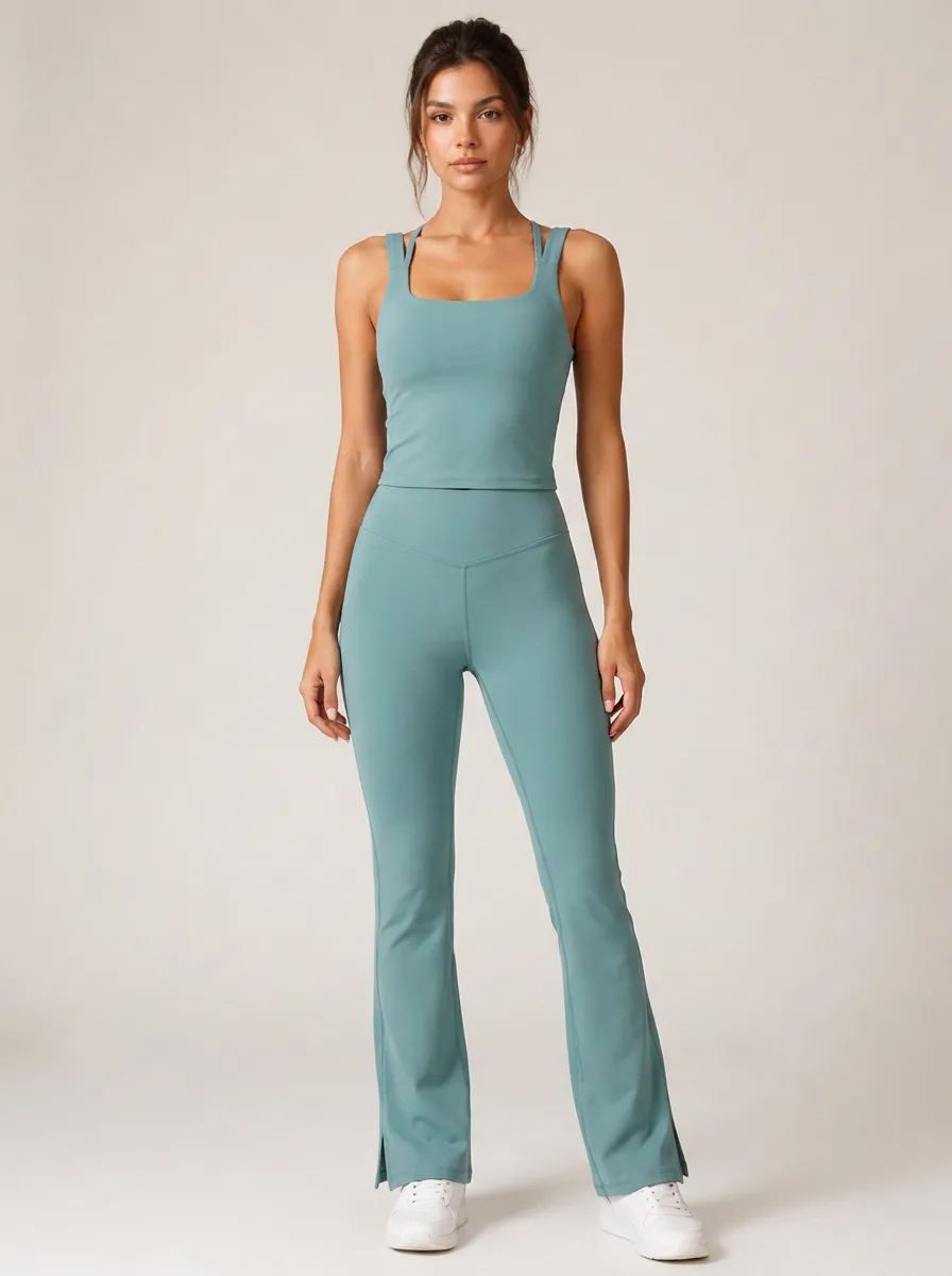 Women's Yoga Fitness Teal Solid Color Sleeveless Tank Flare Leggings Set