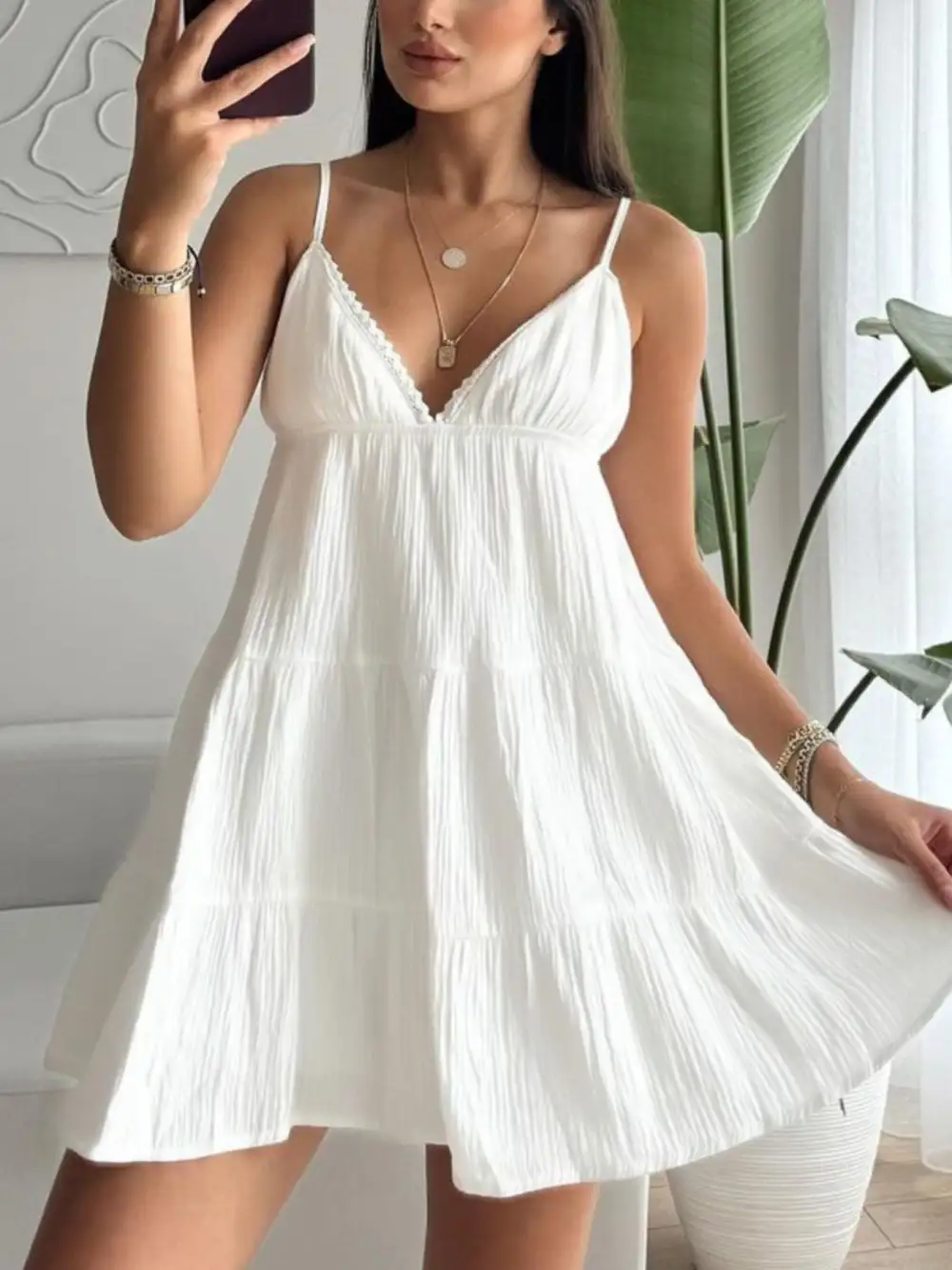 V Neck Tiered Mini Dress